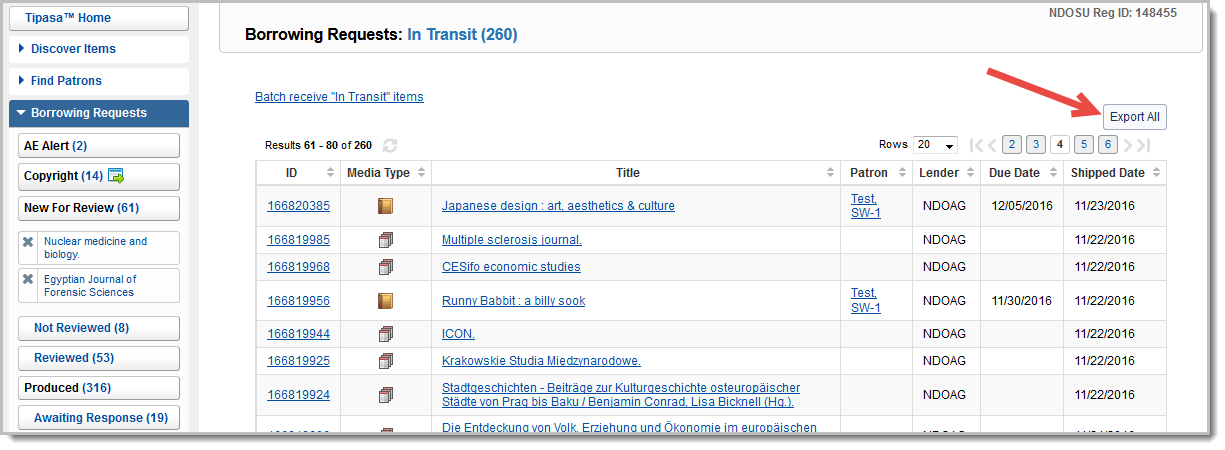 A screenshot of the borrowing request with the Export All button called out